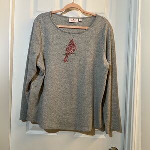 🦋 Quacker Factory Gray Long Sleeve Top with Red Cardinal size large